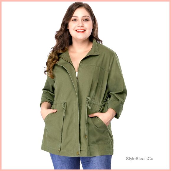 Plus Size Lightweight Utility Jacket with Drawstring Waist & Pockets
